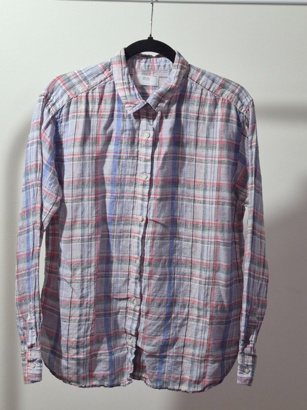 Uniqlo Mens 100% Linen Shirt L Madras Plaid Long Sleeve Button Down Lightweight